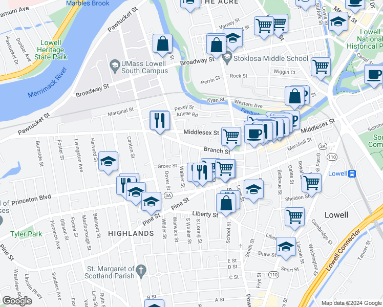 map of restaurants, bars, coffee shops, grocery stores, and more near 190 Branch Street in Lowell