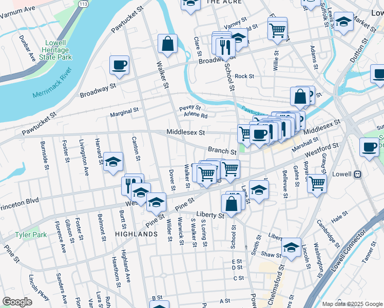 map of restaurants, bars, coffee shops, grocery stores, and more near 190 Branch Street in Lowell