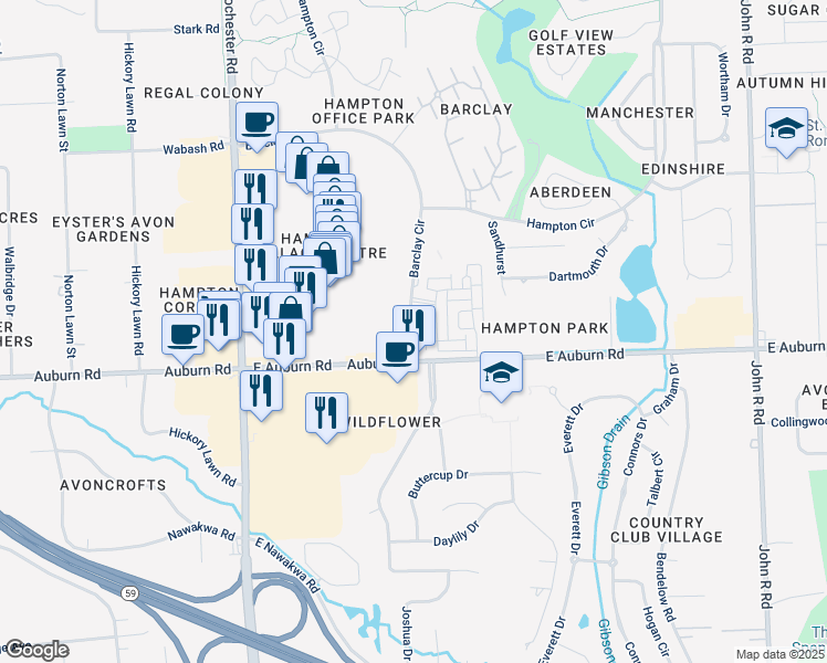 map of restaurants, bars, coffee shops, grocery stores, and more near 919 Barclay Circle in Rochester Hills