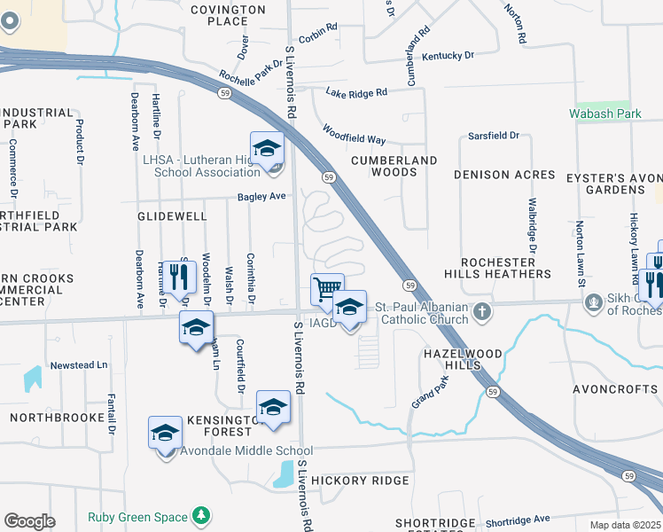 map of restaurants, bars, coffee shops, grocery stores, and more near 2810 Lower Ridge Drive in Rochester Hills