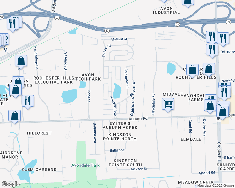 map of restaurants, bars, coffee shops, grocery stores, and more near 2600 West Auburn Road in Rochester Hills