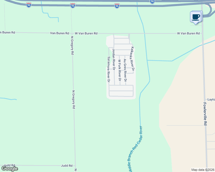 map of restaurants, bars, coffee shops, grocery stores, and more near 2749 Sycamore River Drive in Fowlerville