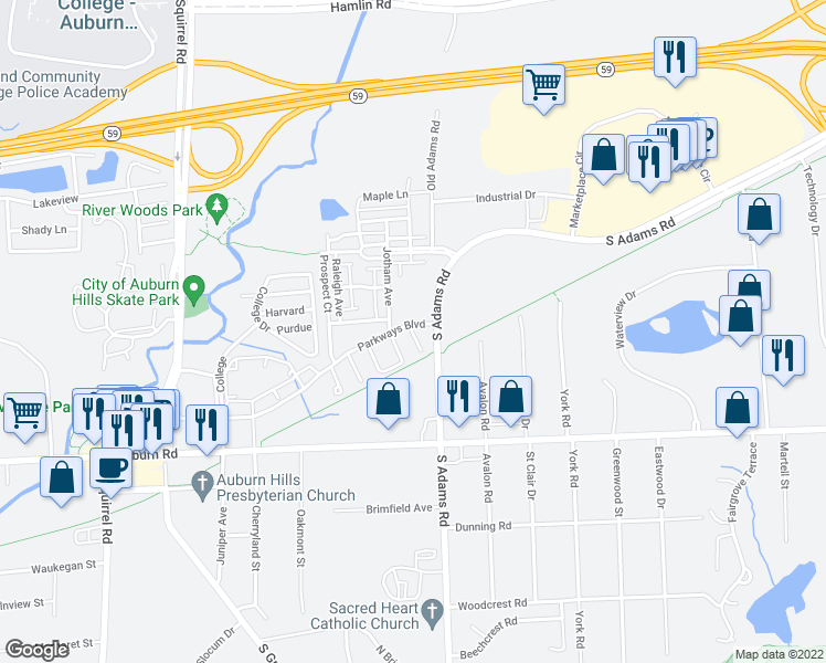 map of restaurants, bars, coffee shops, grocery stores, and more near 2829 Forester Avenue in Auburn Hills