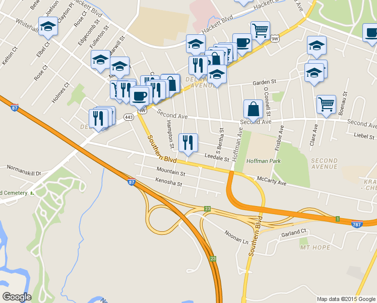 map of restaurants, bars, coffee shops, grocery stores, and more near Leedale St & Kehoe St in Albany