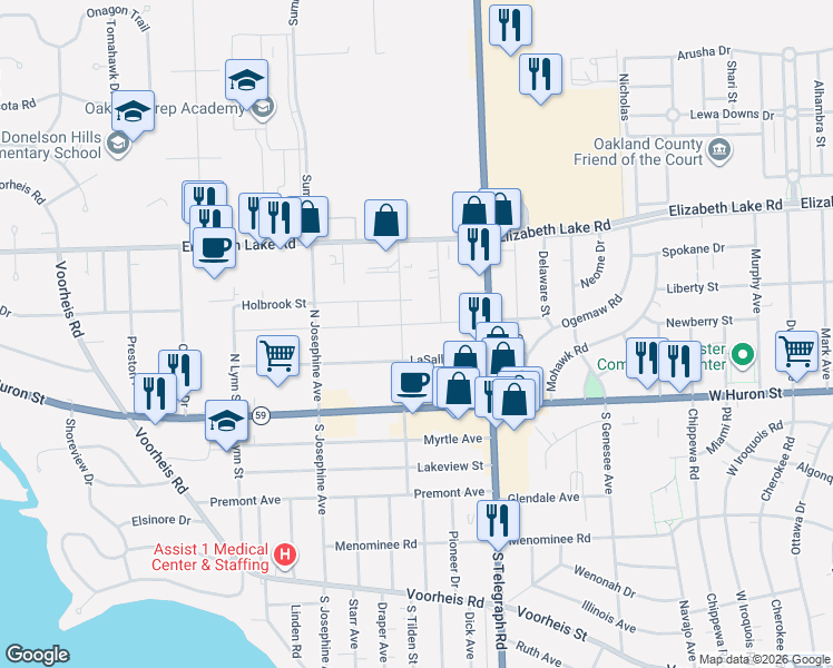 map of restaurants, bars, coffee shops, grocery stores, and more near 953 Boston Avenue in Waterford Township