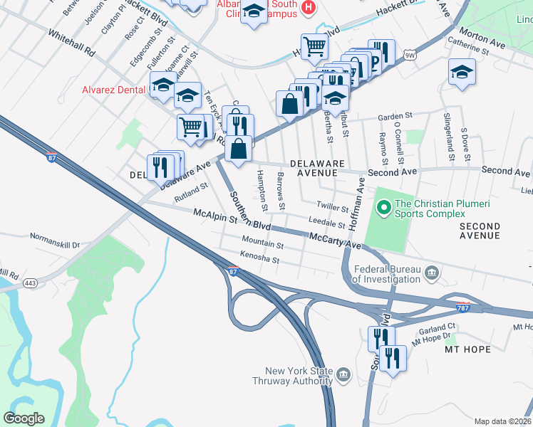 map of restaurants, bars, coffee shops, grocery stores, and more near Leedale Street & Hampton Street in Albany
