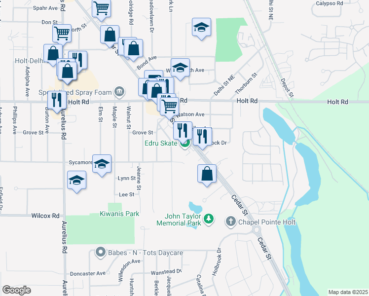 map of restaurants, bars, coffee shops, grocery stores, and more near 1891 North Cedar Street in Delhi charter Township