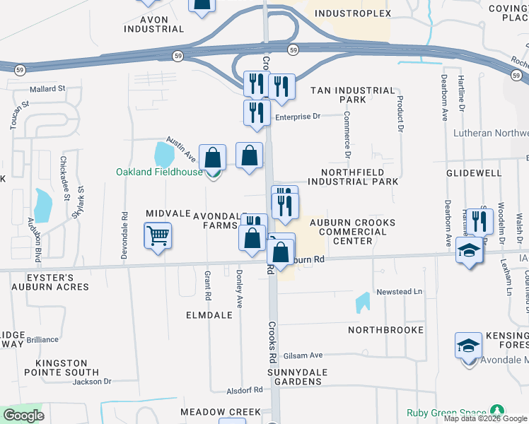map of restaurants, bars, coffee shops, grocery stores, and more near 2880 Crooks Road in Rochester Hills