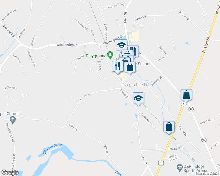map of restaurants, bars, coffee shops, grocery stores, and more near 13 Prospect Street in Topsfield