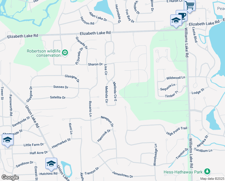 map of restaurants, bars, coffee shops, grocery stores, and more near 344 Melinda Circle East in White Lake charter Township