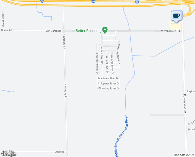 map of restaurants, bars, coffee shops, grocery stores, and more near 2789 Sycamore River Drive in Fowlerville