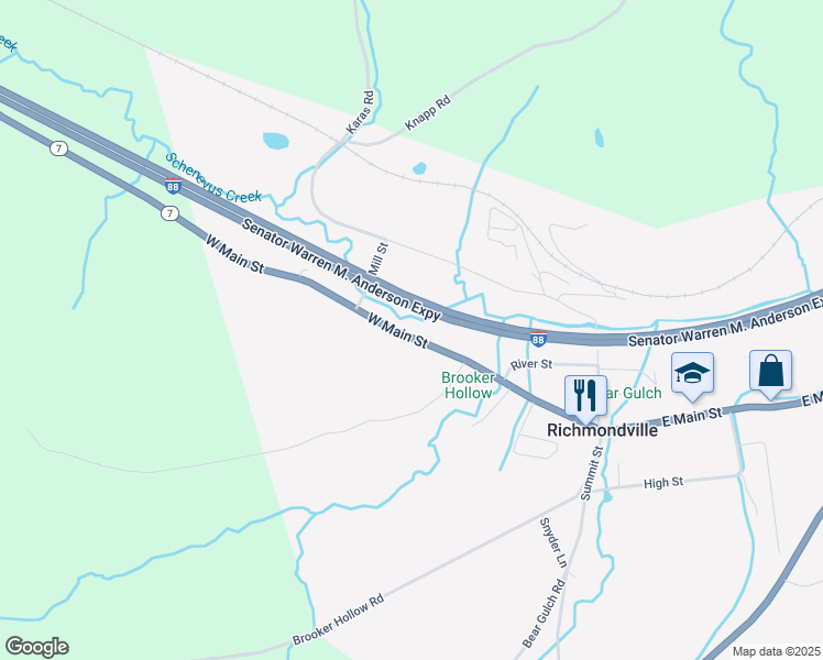 map of restaurants, bars, coffee shops, grocery stores, and more near 195 West Main Street in Richmondville