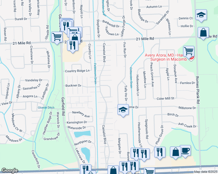 map of restaurants, bars, coffee shops, grocery stores, and more near 46230 Tory Drive in Macomb