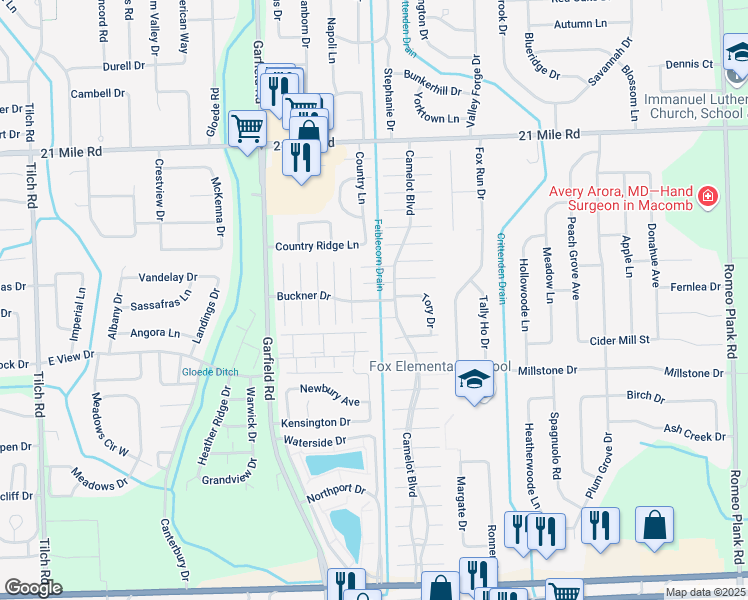 map of restaurants, bars, coffee shops, grocery stores, and more near 17007 Buckner Drive in Macomb