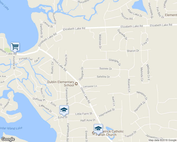 map of restaurants, bars, coffee shops, grocery stores, and more near 9101 Sussex Drive in White Lake charter Township
