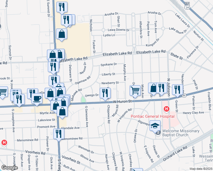 map of restaurants, bars, coffee shops, grocery stores, and more near 63 Waldo Street in Pontiac