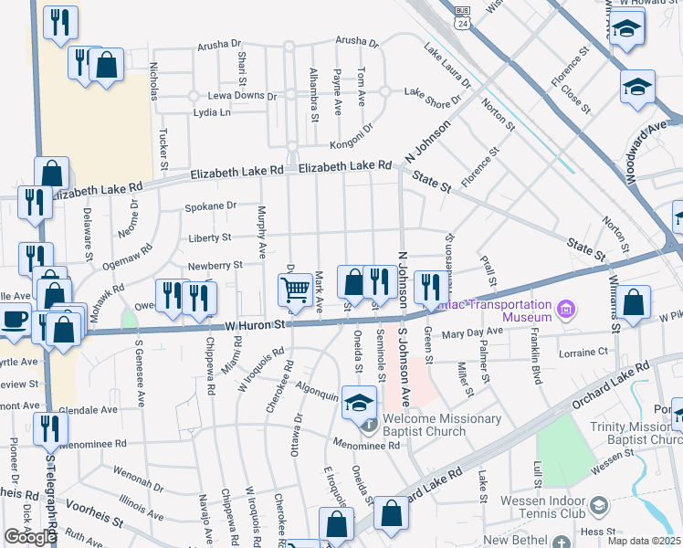 map of restaurants, bars, coffee shops, grocery stores, and more near 55 Thorpe Street in Pontiac