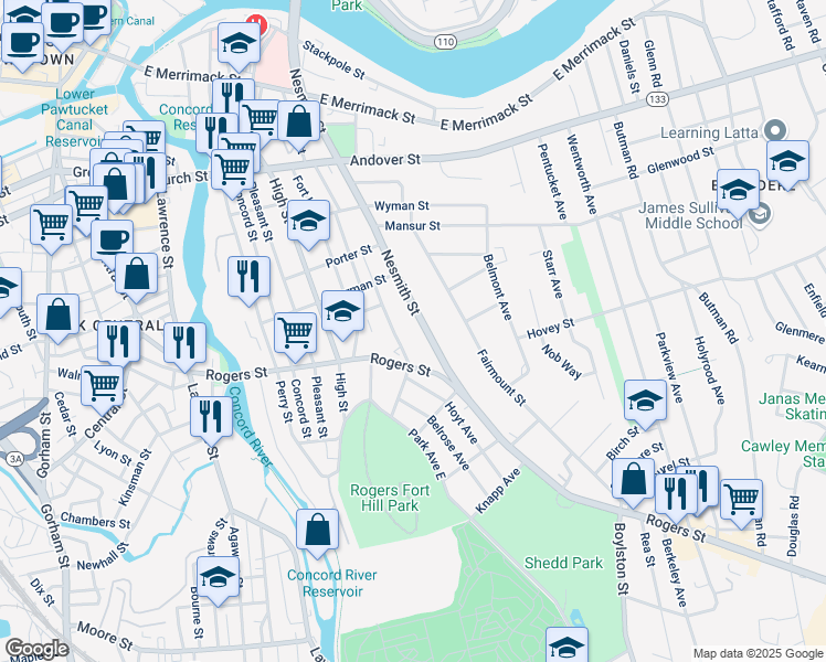 map of restaurants, bars, coffee shops, grocery stores, and more near 263 Nesmith Street in Lowell