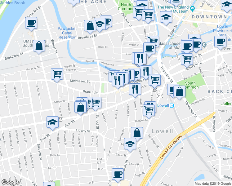 map of restaurants, bars, coffee shops, grocery stores, and more near 24 Branch Street in Lowell