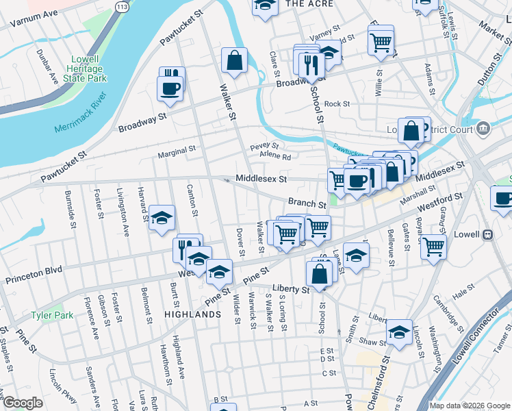 map of restaurants, bars, coffee shops, grocery stores, and more near 331 Walker Street in Lowell