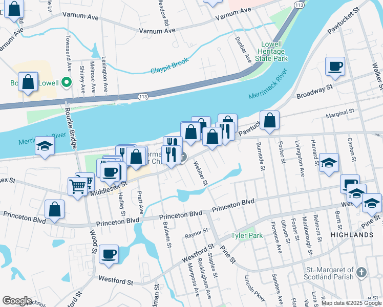 map of restaurants, bars, coffee shops, grocery stores, and more near 1541 Middlesex Street in Lowell