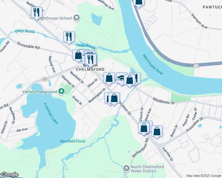 map of restaurants, bars, coffee shops, grocery stores, and more near 14 Cottage Row in Chelmsford
