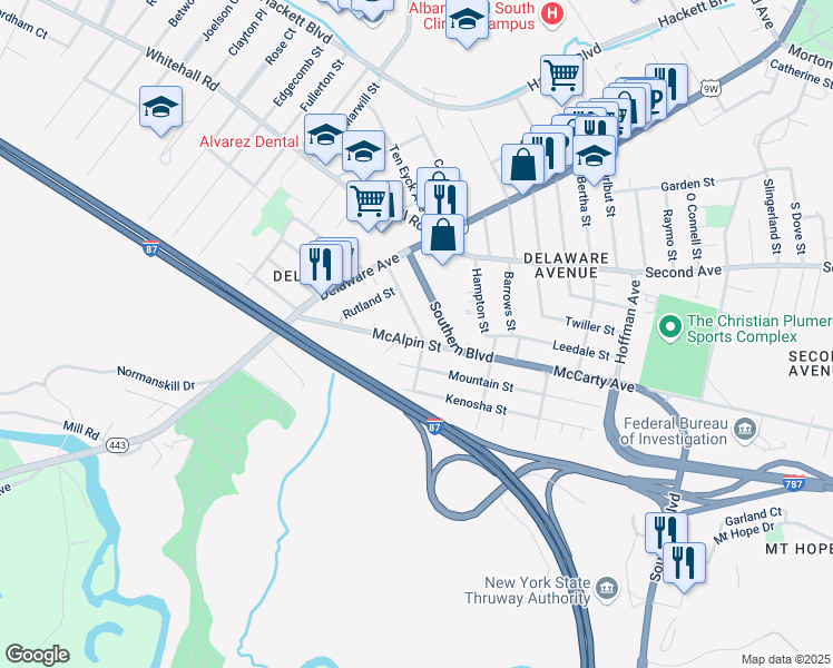 map of restaurants, bars, coffee shops, grocery stores, and more near in Albany