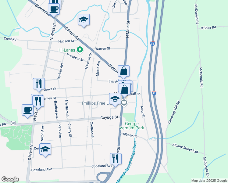 map of restaurants, bars, coffee shops, grocery stores, and more near 23 James Street in Homer