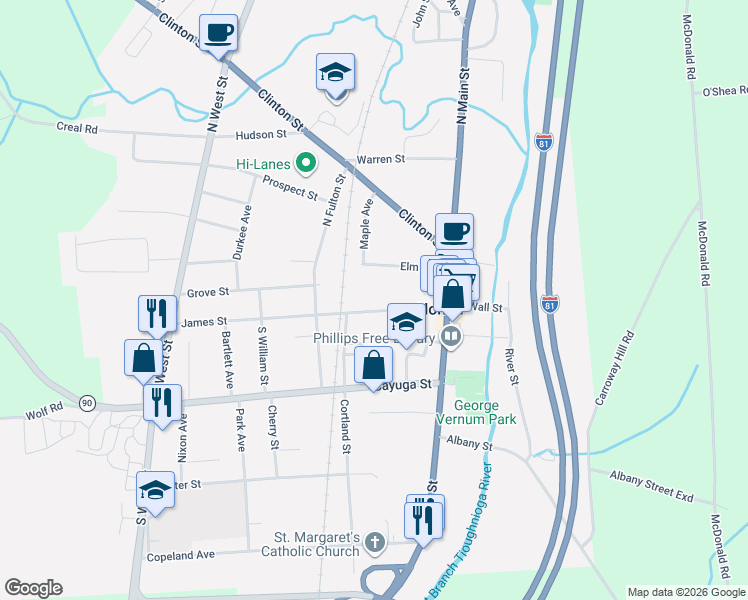 map of restaurants, bars, coffee shops, grocery stores, and more near 43 James Street in Homer