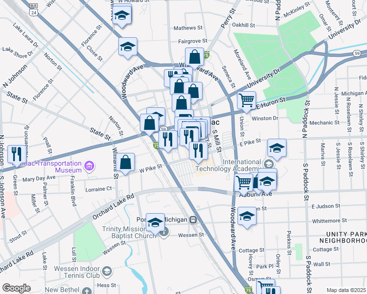 map of restaurants, bars, coffee shops, grocery stores, and more near 26 Wayne Street in Pontiac