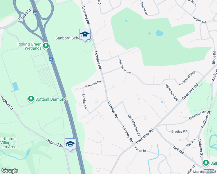 map of restaurants, bars, coffee shops, grocery stores, and more near 55 Lovejoy Road in Andover