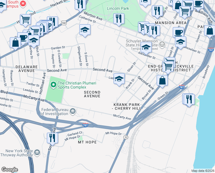 map of restaurants, bars, coffee shops, grocery stores, and more near 22 Van Orden Avenue in Albany