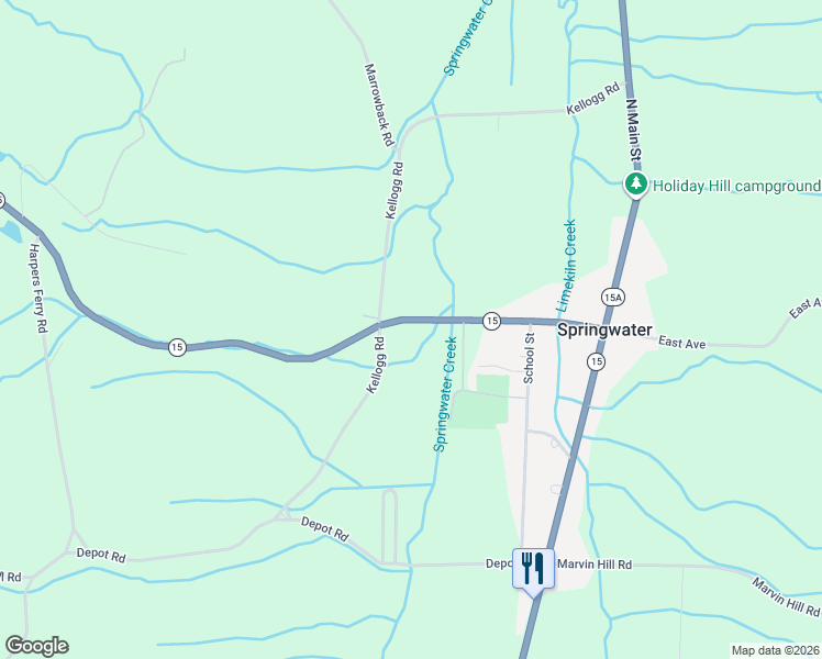 map of restaurants, bars, coffee shops, grocery stores, and more near 7892 Mill Street in Springwater