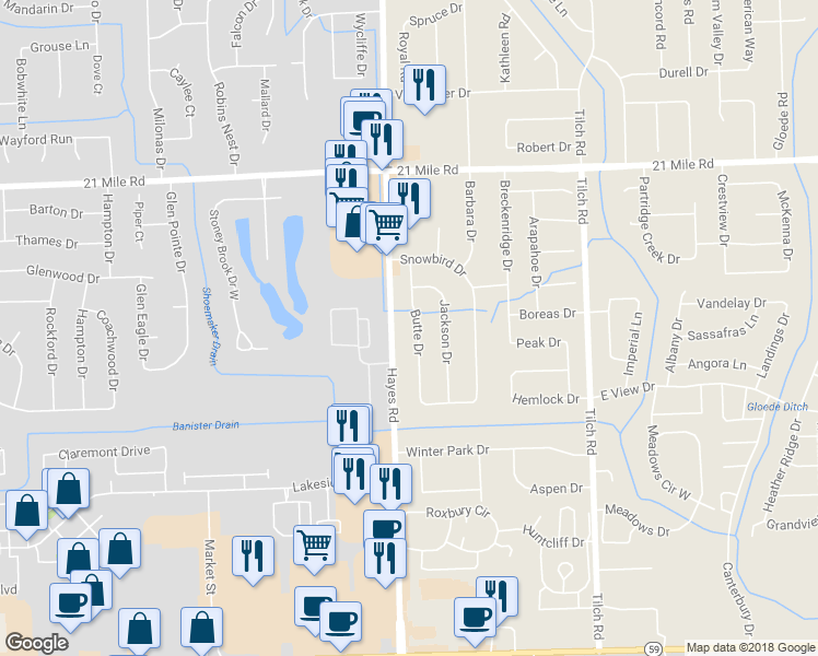 map of restaurants, bars, coffee shops, grocery stores, and more near 46347 Butte Drive in Macomb