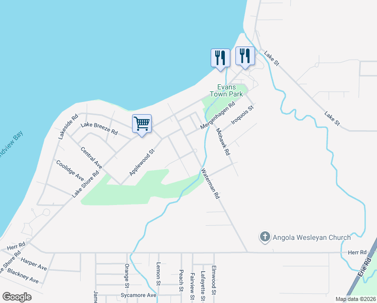 map of restaurants, bars, coffee shops, grocery stores, and more near 9177 Waterman Road in Angola