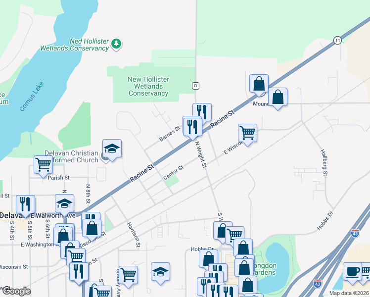 map of restaurants, bars, coffee shops, grocery stores, and more near 1228 Racine Street in Delavan