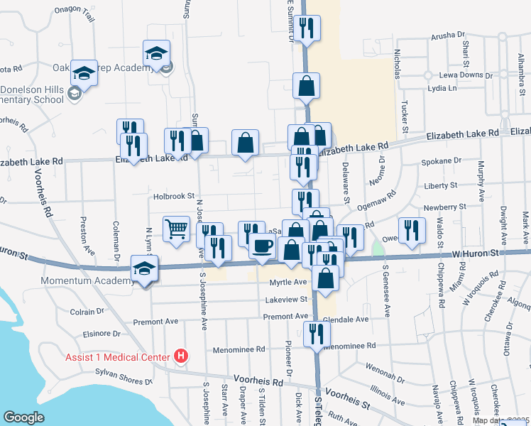 map of restaurants, bars, coffee shops, grocery stores, and more near 977 Boston Avenue in Waterford Township