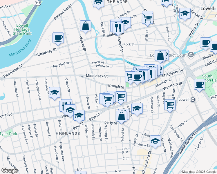 map of restaurants, bars, coffee shops, grocery stores, and more near 172 Branch Street in Lowell
