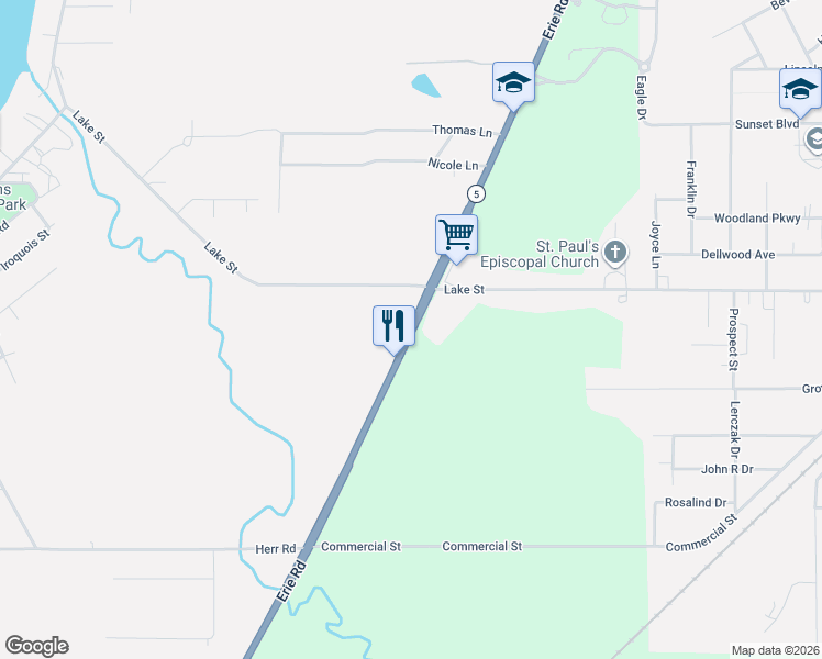 map of restaurants, bars, coffee shops, grocery stores, and more near 9094 Erie Rd in Angola