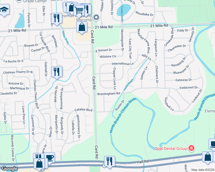 map of restaurants, bars, coffee shops, grocery stores, and more near 21881 Iron Hasp Drive in Macomb