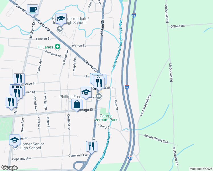 map of restaurants, bars, coffee shops, grocery stores, and more near 14 Wall Street in Homer