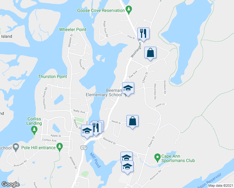 map of restaurants, bars, coffee shops, grocery stores, and more near 480A Washington Street in Gloucester