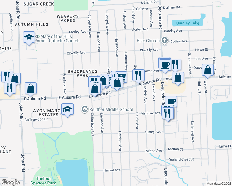 map of restaurants, bars, coffee shops, grocery stores, and more near 1672 East Auburn Road in Rochester Hills