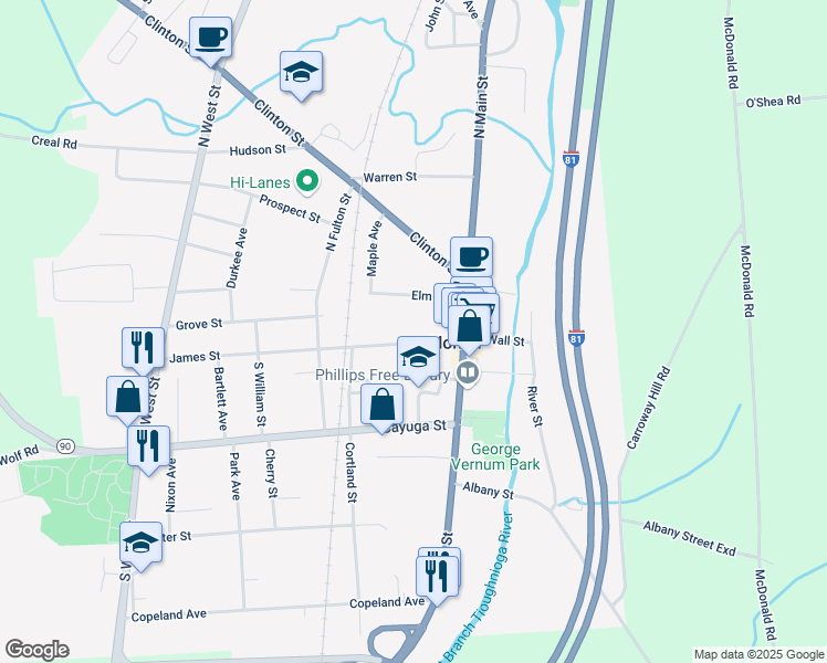 map of restaurants, bars, coffee shops, grocery stores, and more near 23 James St in Homer