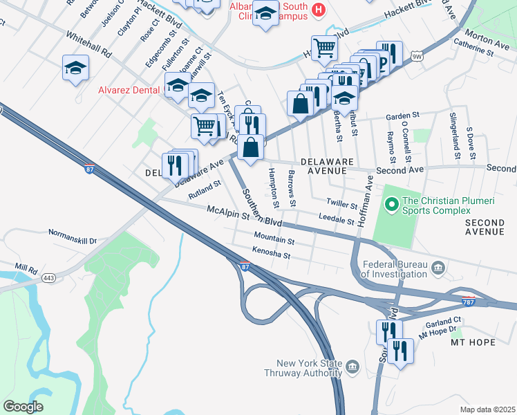 map of restaurants, bars, coffee shops, grocery stores, and more near 75 Southern Boulevard in Albany