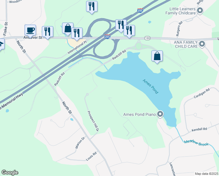 map of restaurants, bars, coffee shops, grocery stores, and more near 1400 Ames Hill Drive in Tewksbury