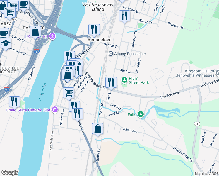map of restaurants, bars, coffee shops, grocery stores, and more near 303 East Street in Rensselaer