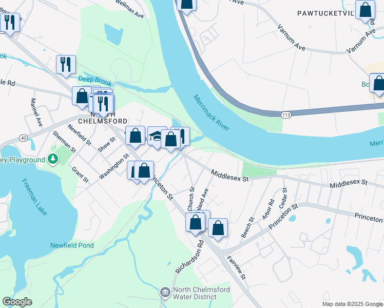 map of restaurants, bars, coffee shops, grocery stores, and more near 72 Middlesex Street in Chelmsford