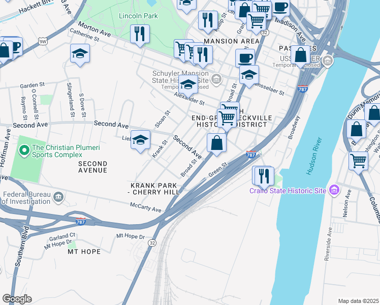 map of restaurants, bars, coffee shops, grocery stores, and more near in Albany