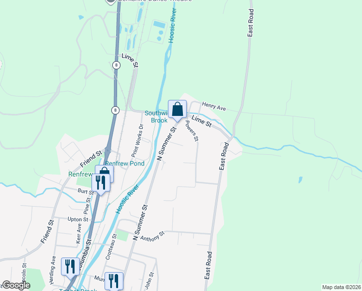 map of restaurants, bars, coffee shops, grocery stores, and more near 7 Frederick Lane in Adams